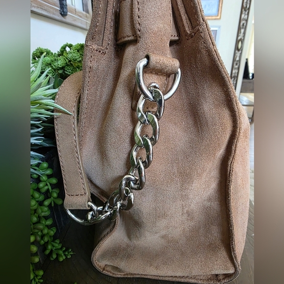 Vintage Michael Kors Distressed Brown Suede Tote Bag With Silver MK Lock - Picture 9 of 15